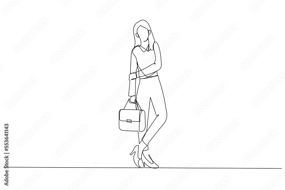 Illustration of beautiful happy businesswoman holding a bag. Single line art style