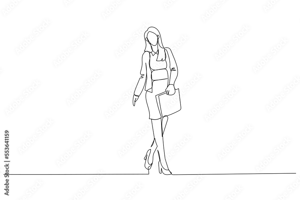 Drawing of beautiful businesswoman holding a handbag. Continuous line art