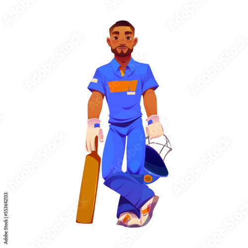 Cricket player in blue sport uniform. Standing indian professional batsman with cricket bat and helmet isolated on white background, vector cartoon illustration