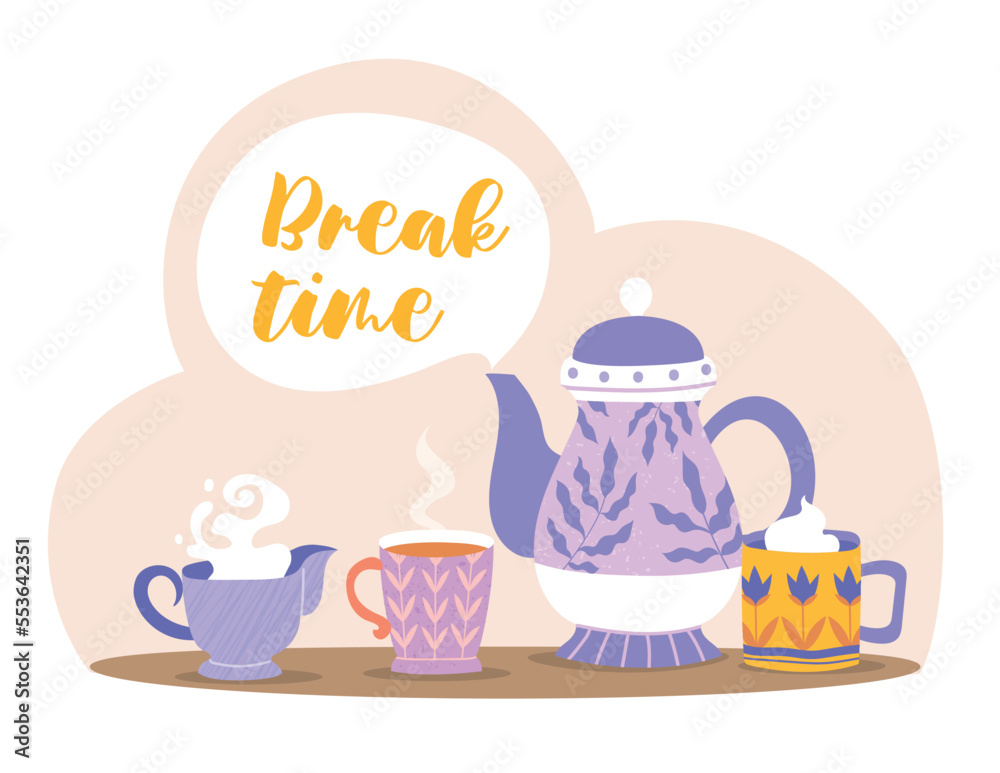 Break time concept. Kettle with mugs of hot drinks. Comfort and coziness in apartment and house. Poster or banner for website. Tasty liquid and beverage, dessert. Cartoon flat vector illustration Break time concept. Kettle with mugs of hot drinks. Comfort and coziness in apartment and house. Poster or banner for website. Tasty liquid and beverage, dessert. Cartoon flat vector illustration