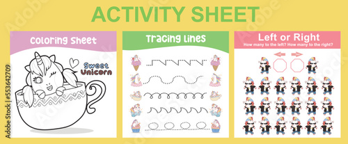 3 in 1 Activity Sheet for children. Educational printable worksheet for preschool. Coloring  tracing lines  left or right activity. Vector illustrations. 