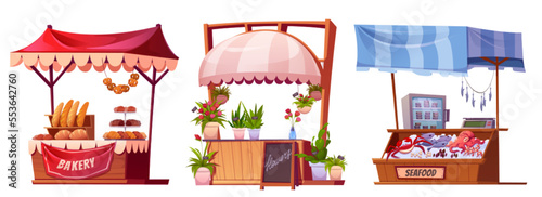Market stalls with flowers, bakery and seafood. Grocery and plants wooden kiosks with tents, traditional marketplace stands isolated on white background, vector cartoon illustration