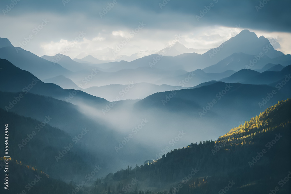 Aerial view of forest in cold snowy winter season with mountains in clouds and fog in the background, majestic, future looking, macro perspective image, generate ai.	