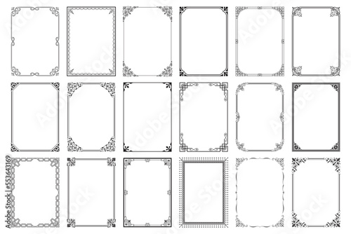 Decorative frames. Retro ornamental frame, vintage rectangle ornaments, and ornate border. Decorative wedding frames, antique museum picture borders, or deco dividers. Isolated icons vector set photo