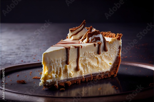  a slice of cheesecake with chocolate drizzle on top of it on a plate on a table. Generative AI photo