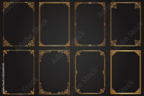 Luxury decorative golden vintage calligraphic frames and borders. Retro elegant ornamental frame, ornaments. Wedding frame, invitation card, menu, picture borders, deco dividers. Isolated icons vector photo