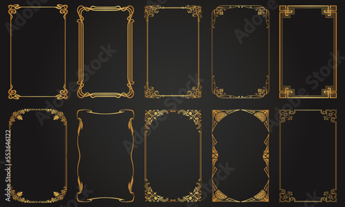 Luxury decorative golden vintage frames and borders. Retro ornamental frame rectangle ornaments. Decorative wedding frames, antique museum picture borders, or deco dividers. Isolated icons vector set