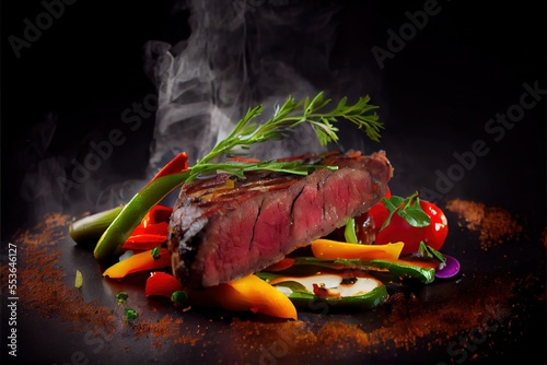  a steak with vegetables and spices on a plate on a table with smoke in the background and a black background. Generative AI