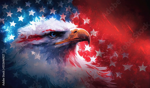 Fényképezés Bald eagle American flag in the wind stars and strips patriotic symbol of streng