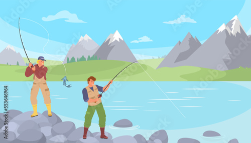 Fisherman catching fish at mountain river bank © Siberian Art
