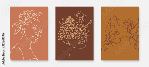 Modern Abstract Line Art Creative Floral Wall Art Set. Floral Artistic Backgrounds with Woman Face and Flowers Line Art Style for Wall Decor, Postcards or Covers, Prints, Posters. Vector Illustration.