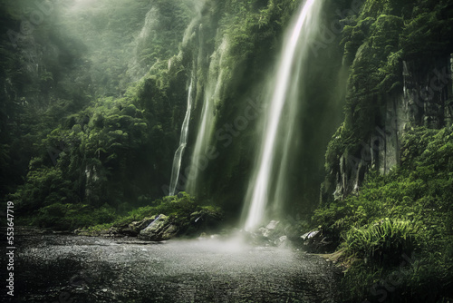Aerial view of the waterfall in the deep mountains, the background is in the clouds and misty mountains, green forests, hidden scenic spot, zen, magnificent scene, generative ai.