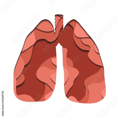 Vector paper cut illustration of pink silhouette of human lungs. 3D medicine clip art of human body organ with curved line. Layered element