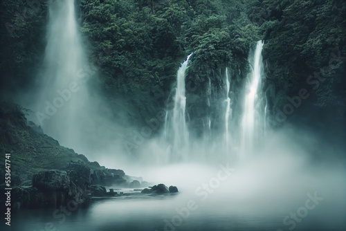 Aerial view of the waterfall in the deep mountains, the background is in the clouds and misty mountains, green forests, hidden scenic spot, zen, magnificent scene, generative ai.