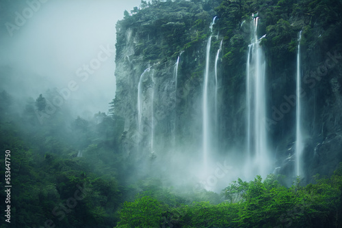 Aerial view of the waterfall in the deep mountains  the background is in the clouds and misty mountains  green forests  hidden scenic spot  zen  magnificent scene  generative ai.