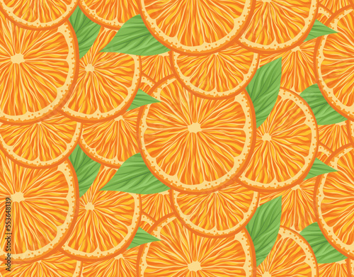 Vector seamless pattern with orange slices and leaves. Dense texture with juicy fruit and foliage. Summer background with delicious fruits