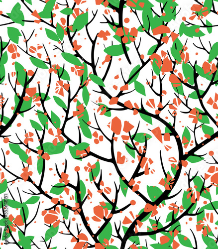 Branches with foliage and blooming, seamless pattern vector