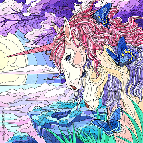 illustration of portrait of two unicorns 