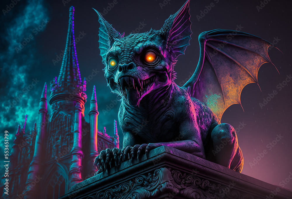 spooky light gargoyle with glowing eyes sitting on top of a Gothic cathedral. Generative AI