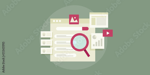 Search engine page with contextual link with magnifying glass, user query and website content SEO marketing concept, flat design web banner.