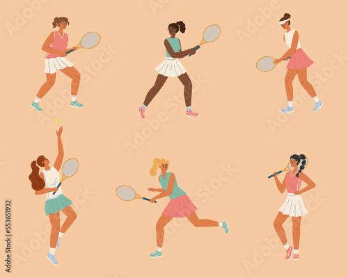 Female tennis players isolated characters vector set. Girls players figures with racket and ball on tennis court © Wanlee