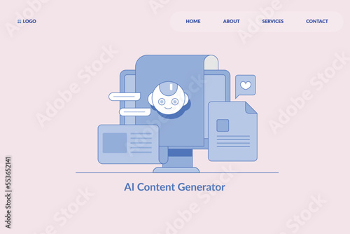 Artificial intelligence robot generates content for internet, robot face on pc screen with web documents flat design outline banner.