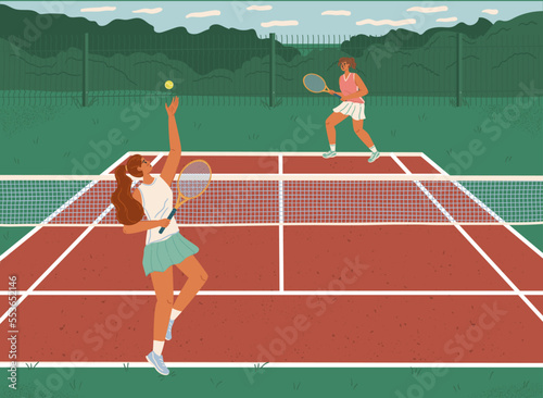 Two girls playing tennis on clay court vector illustration. Woman tennis players with rackets play in tournament