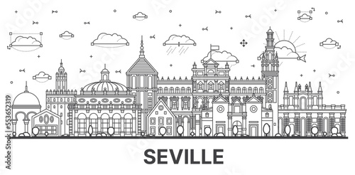 Outline Seville Spain City Skyline with Historic Buildings Isolated on White.