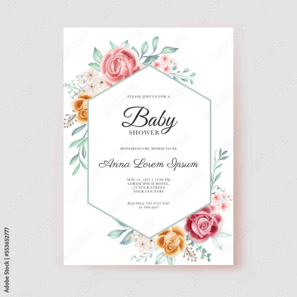 Flower yellow pink watercolor baby shower invitation template