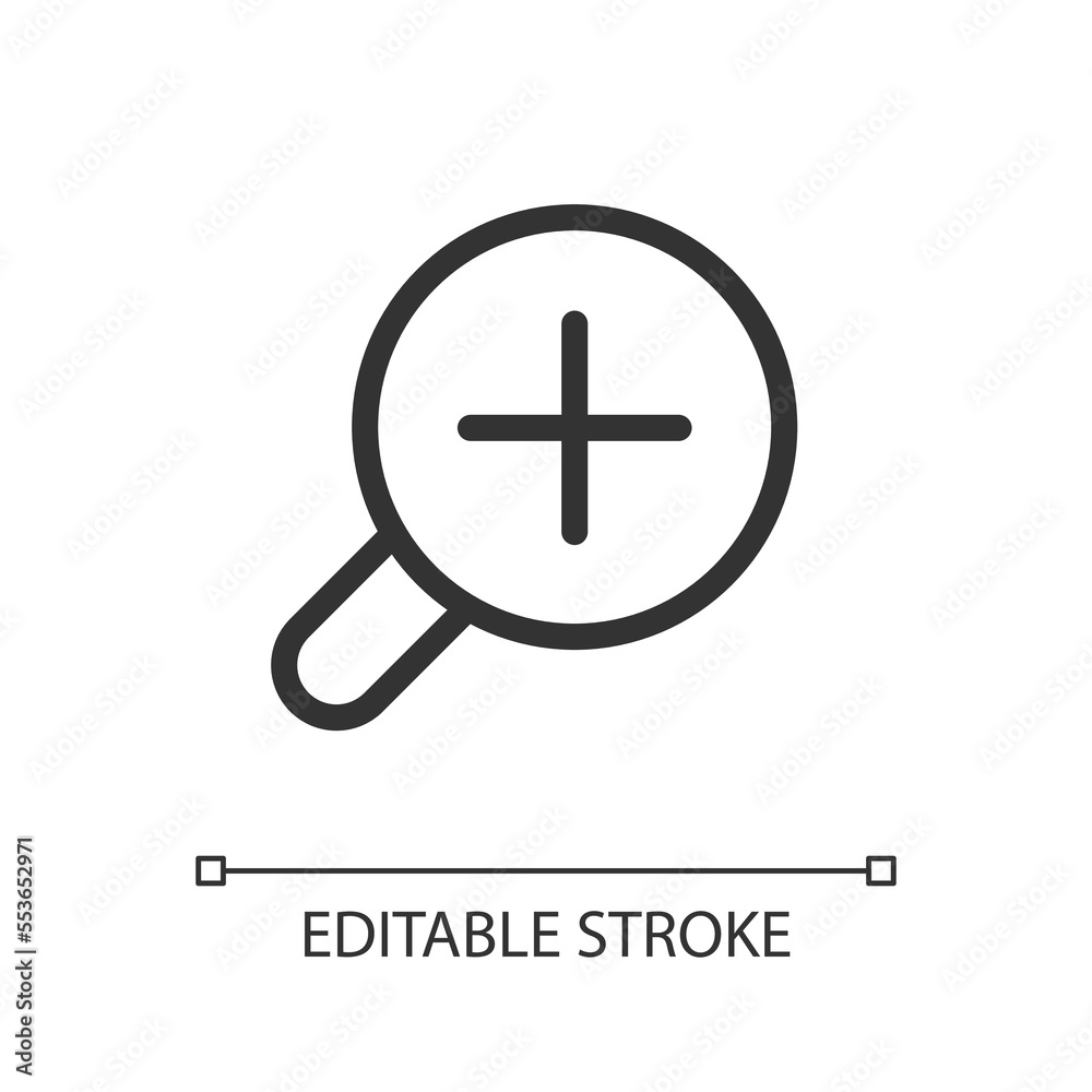 Magnifying glass with plus for map pixel perfect linear ui icon. Magnifier tool. Zoom in text. GUI, UX design. Outline isolated user interface element for app and web. Editable stroke. Arial font used Magnifying glass with plus for map pixel perfect linear ui icon. Magnifier tool. Zoom in text. GUI, UX design. Outline isolated user interface element for app and web. Editable stroke. Arial font used