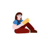 Girl reading a book sitting on the floor. Young woman learning some educational books, notes. Getting knowledge is her lifestyle. Vector illustration with character in cartoon style