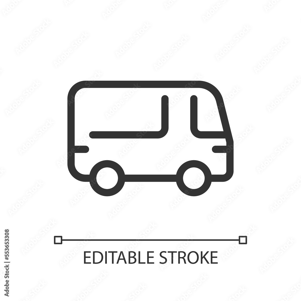 Bus pixel perfect linear ui icon. Public transport. Road vehicle. Carrying passengers. GUI, UX design. Outline isolated user interface element for app and web. Editable stroke. Arial font used