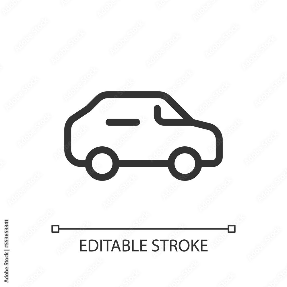 Automobile pixel perfect linear ui icon. Driving car. Passenger vehicle. Transportation mode. GUI, UX design. Outline isolated user interface element for app and web. Editable stroke. Arial font used
