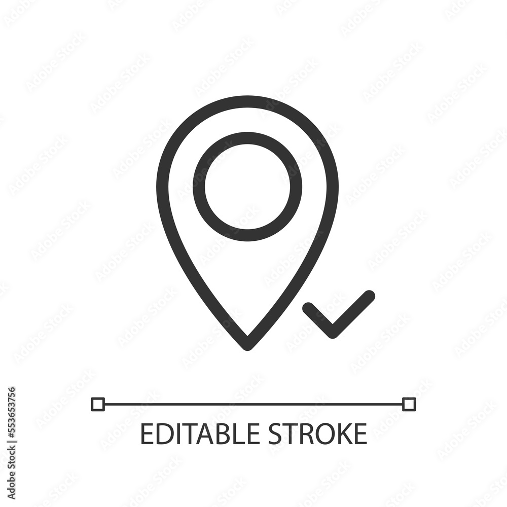 Reaching pinned destination pixel perfect linear ui icon. Approved place. GPS navigation. GUI, UX design. Outline isolated user interface element for app and web. Editable stroke. Arial font used Reaching pinned destination pixel perfect linear ui icon. Approved place. GPS navigation. GUI, UX design. Outline isolated user interface element for app and web. Editable stroke. Arial font used