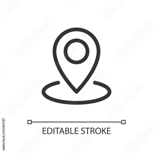 Dropping pin point pixel perfect linear ui icon. Find location on map. GPS navigation. GUI, UX design. Outline isolated user interface element for app and web. Editable stroke. Arial font used