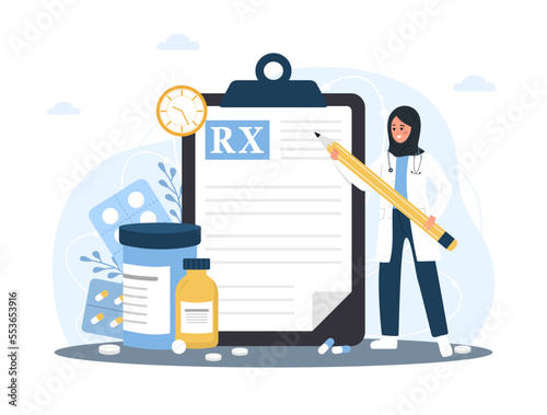 Medical prescription drugs concept. Arabic female doctor with giant pencil standing near large recipe on clipboard. Diseases therapy pills. Pharmacy control. Vector illustration in cartoon style.