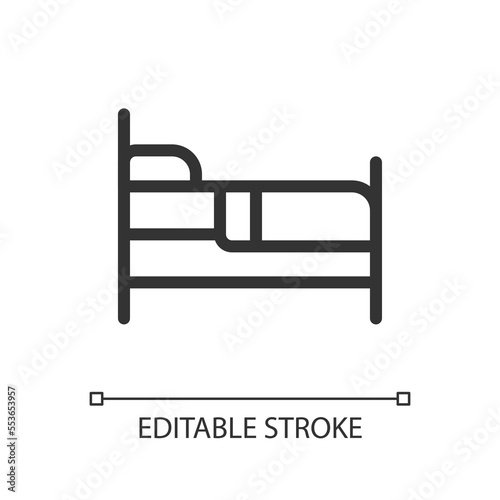Finding bed to sleep pixel perfect linear ui icon. Rest area and hotel. Homeless shelter. GUI, UX design. Outline isolated user interface element for app and web. Editable stroke. Arial font used