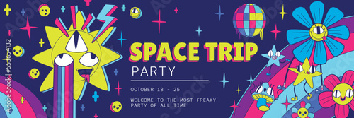 Space trip party invitation flyer in Y2k retro style with trippy psychedelic characters flowers  stars  mushrooms on rainbow. Surreal vector trendy invite card for night club amusement entertainment