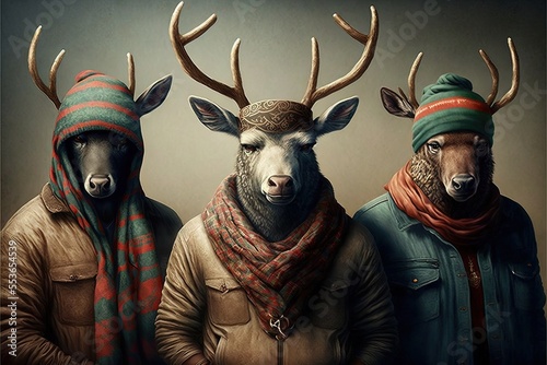 Deer mafia, reindeers as gang members, generative ai illustration, Christmas deer bad boys, law breaking animals, deer rock band album cover