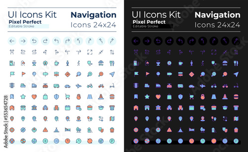 GPS and navigation pixel perfect RGB color ui icons set for dark, light mode. Location. GUI, UX design for mobile app. Vector isolated pictograms. Editable stroke. Montserrat Bold, Light fonts used