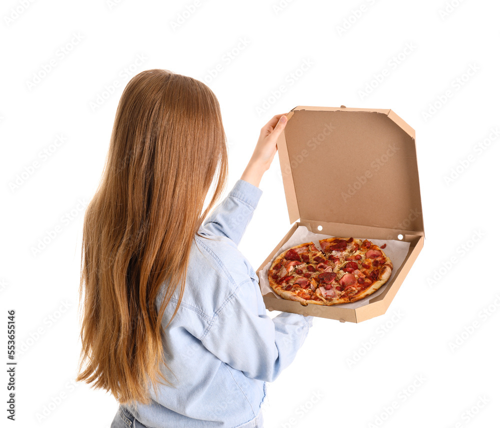 Beautiful young woman holding box with fresh pizza on white background Beautiful young woman holding box with fresh pizza on white background