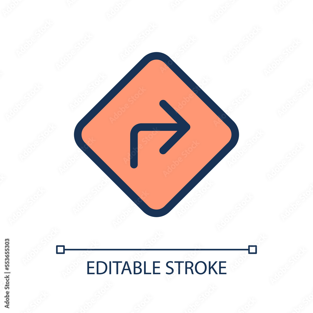 Road sign with turning right direction pixel perfect RGB color ui icon. Simple filled line element. GUI, UX design for mobile app. Vector isolated pictogram. Editable stroke. Arial font used Road sign with turning right direction pixel perfect RGB color ui icon. Simple filled line element. GUI, UX design for mobile app. Vector isolated pictogram. Editable stroke. Arial font used