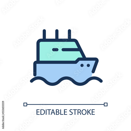 Ferry pixel perfect RGB color ui icon. Boat transporting passengers. Simple filled line element. GUI, UX design for mobile app. Vector isolated pictogram. Editable stroke. Arial font used