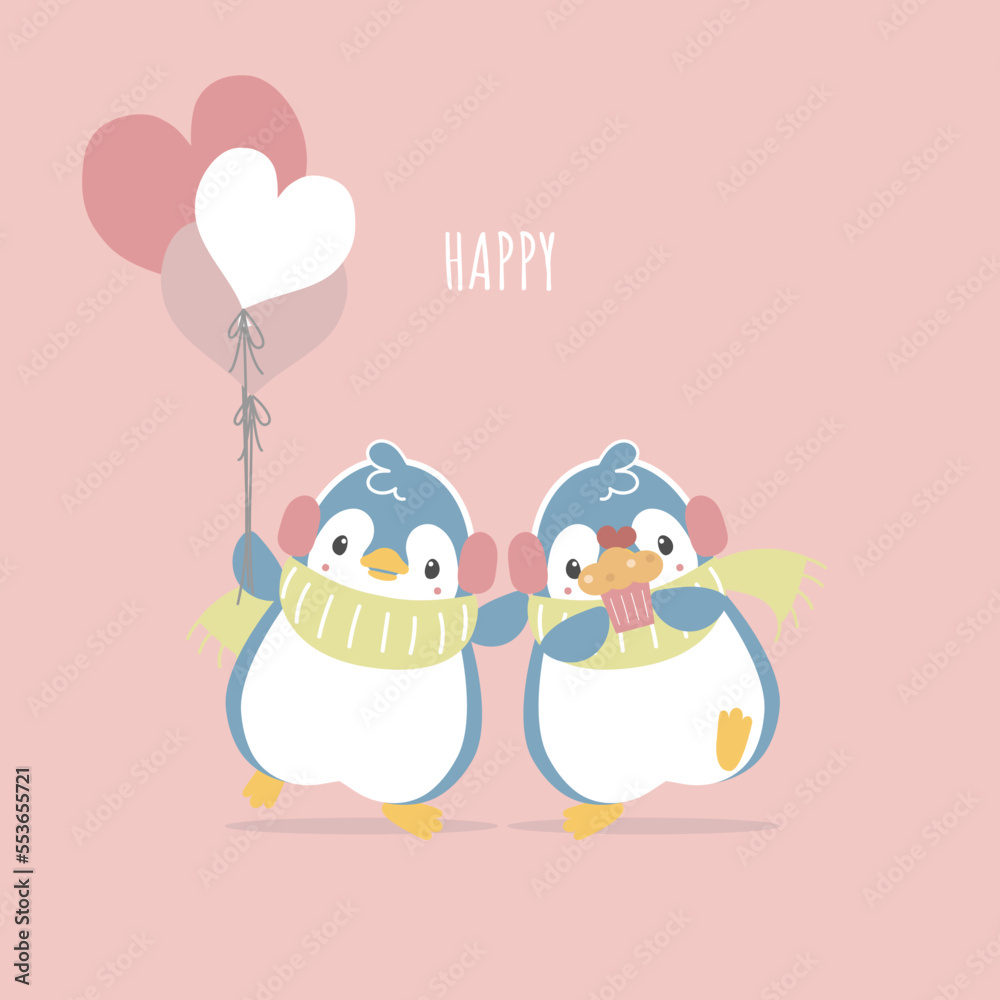 cute and lovely hand drawn penguin holding balloon and cupcake with heart, happy valentine's day, love concept, flat vector illustration cartoon character costume design