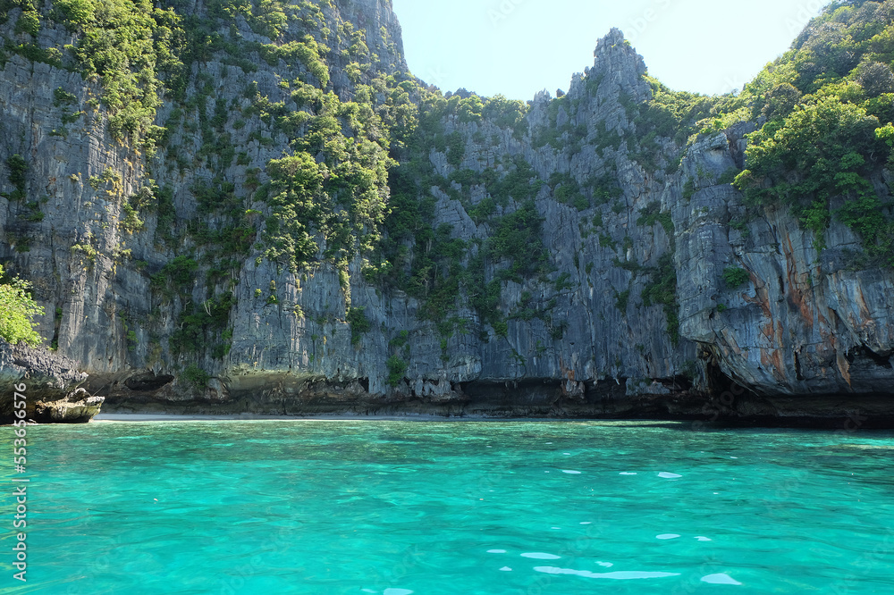 Natural landscape of green mountain cliff and crystal clear ocean sea in Phi Phi island- Krabi, Thailand