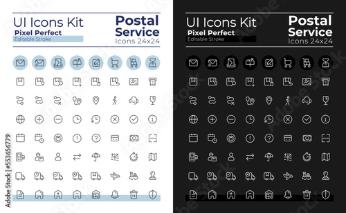 Mail service pixel perfect linear ui icons set for dark, light mode. Outline isolated user interface elements for night, day themes. Editable stroke. Montserrat Bold, Light fonts used