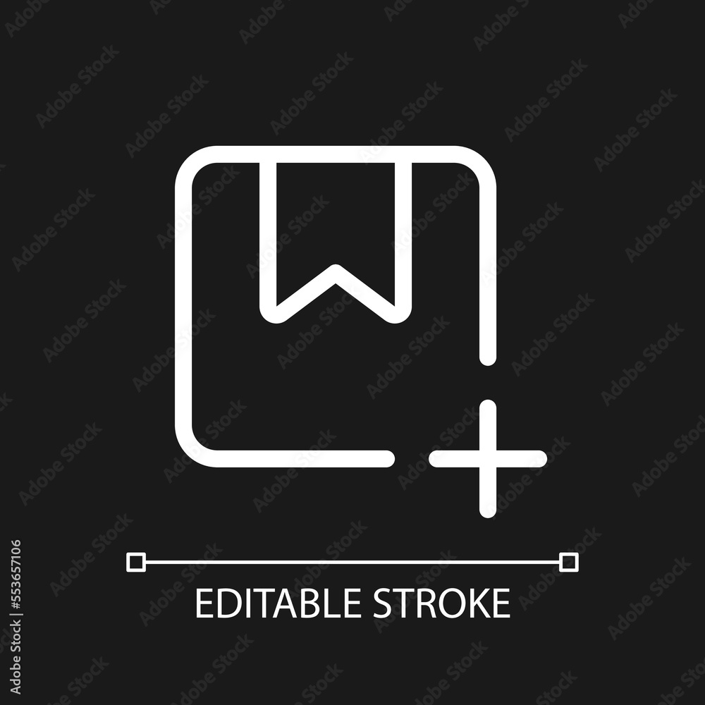 Add parcel pixel perfect white linear ui icon for dark theme. Create new order online. Logistics. Vector line pictogram. Isolated user interface symbol for night mode. Editable stroke. Arial font used Add parcel pixel perfect white linear ui icon for dark theme. Create new order online. Logistics. Vector line pictogram. Isolated user interface symbol for night mode. Editable stroke. Arial font used