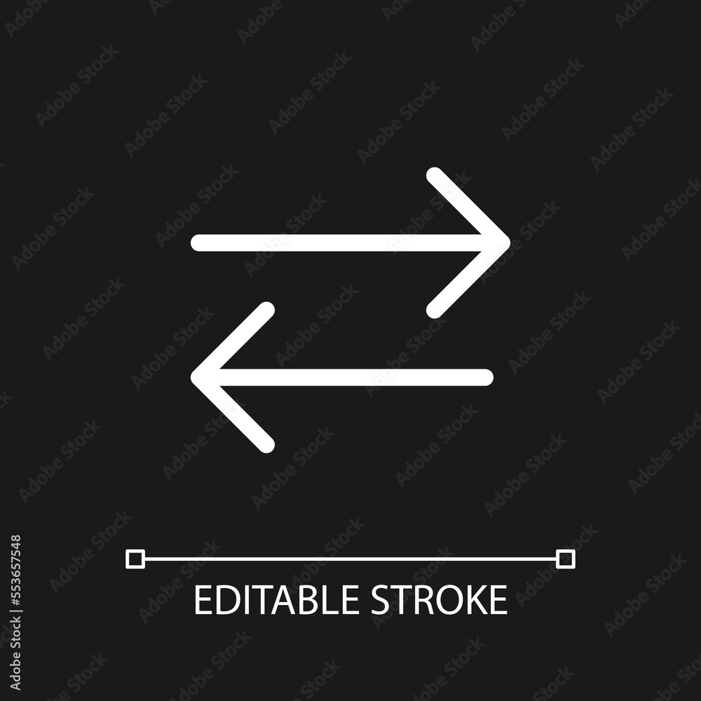 Exchange pixel perfect white linear ui icon for dark theme. Send and receive mail. Communication. Vector line pictogram. Isolated user interface symbol for night mode. Editable stroke. Arial font used Exchange pixel perfect white linear ui icon for dark theme. Send and receive mail. Communication. Vector line pictogram. Isolated user interface symbol for night mode. Editable stroke. Arial font used