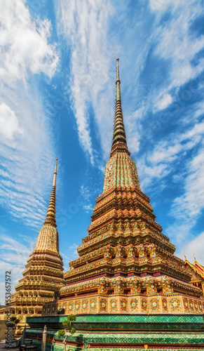 Tall chedis at Wat Pho  Bangkok  Thailand