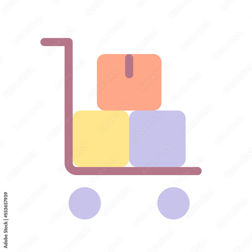 Obraz premium Pallet truck with parcels flat color ui icon. Warehouse equipment. Postal logistics. Delivery service. Simple filled element for mobile app. Colorful solid pictogram. Vector isolated RGB illustration